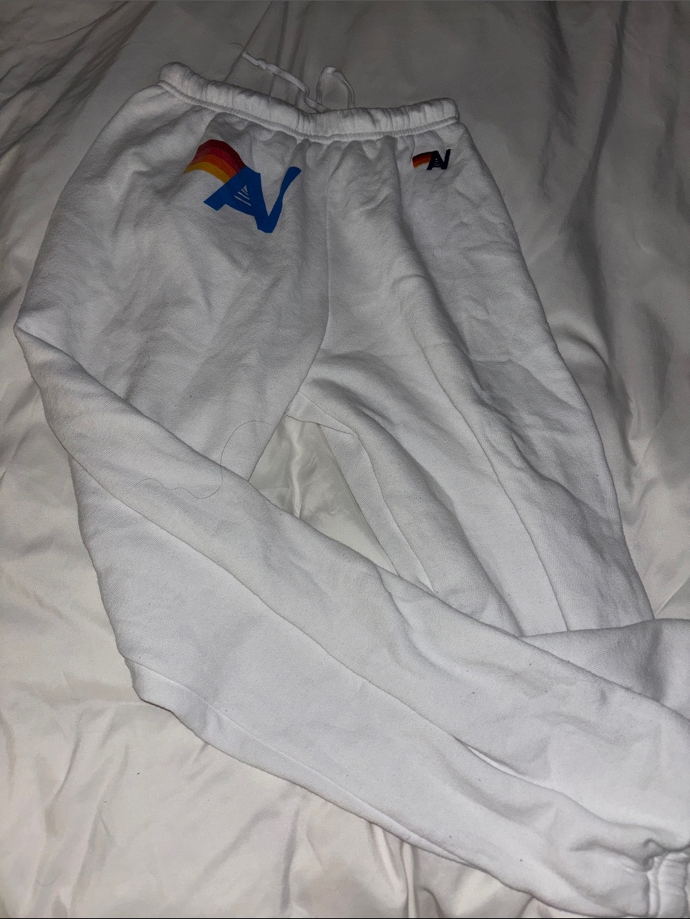 Aviator Nation White Sweatpants with Rainbow & Blue Logo